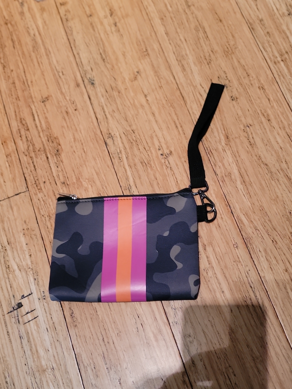 Ah Dorned Black Camouflage Wristlet Pouch with Pink and Orange Stripe